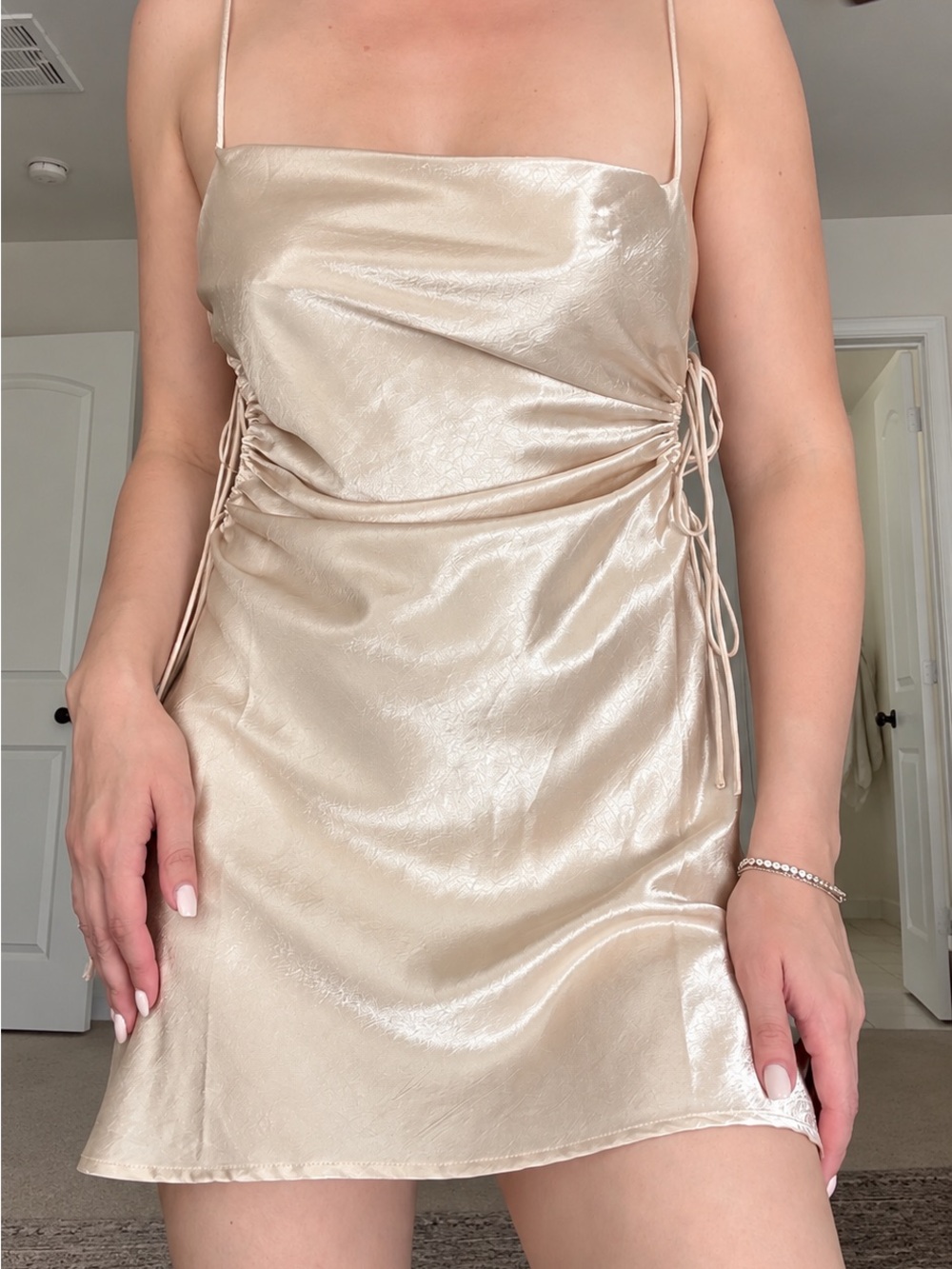 Miss Lola Satin Ruched Slip Dress in Champagne